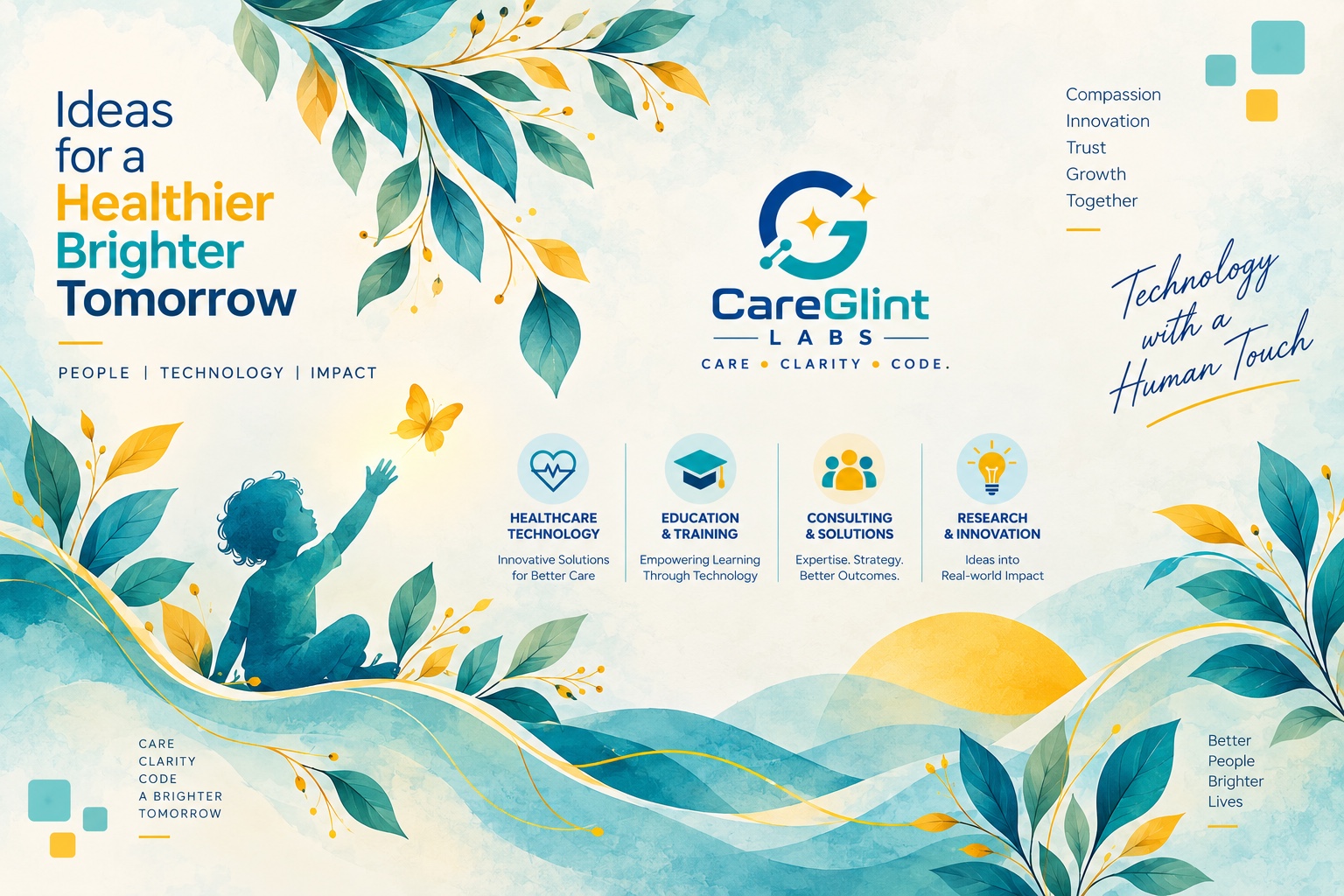 Original CareGlint artwork: a boy reaching for a golden butterfly, teal leaves and a rising golden sun